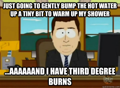 Just going to gently bump the hot water up a tiny bit to warm up my shower ...aaaaaand i have third degree burns  South Park Banker