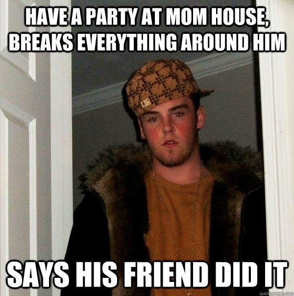 Have a party at mom house, breaks everything around him Says his friend did it  Scumbag Steve