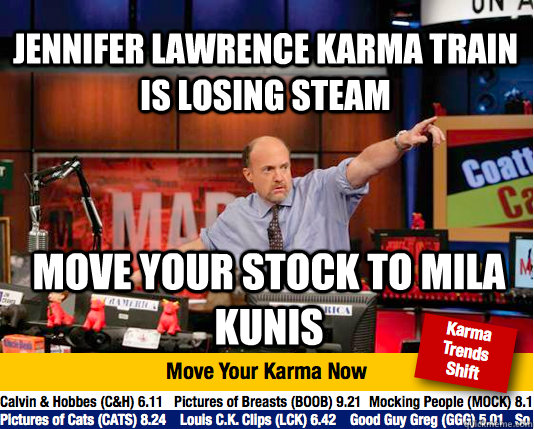 Jennifer lawrence karma train is losing steam  Move your stock to Mila Kunis - Jennifer lawrence karma train is losing steam  Move your stock to Mila Kunis  Mad Karma with Jim Cramer