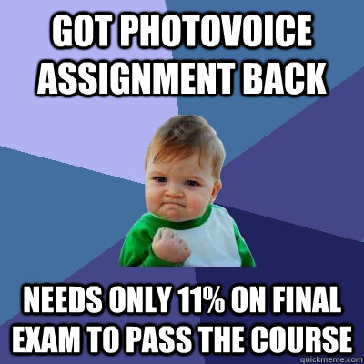 GOT photovoice assignment back needs only 11% on final exam to pass the course  Success Kid