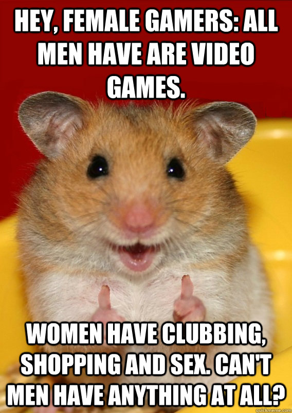 Hey, Female Gamers: All men have are video games. Women have clubbing, shopping and sex. Can't men have ANYTHING at all?   Rationalization Hamster