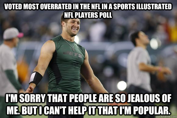 Voted Most Overrated in the NFL in a Sports Illustrated NFL players poll I'm sorry that people are so jealous of me. But I can't help it that I'm popular.  Mean Girls Tebow