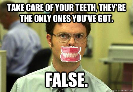 Take care of your teeth, they're the only ones you've got. false. - Take care of your teeth, they're the only ones you've got. false.  Dentist Dwight False