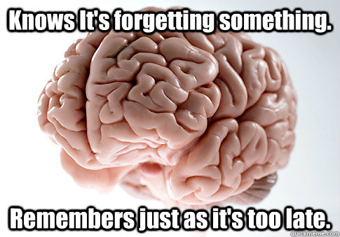 Knows It's forgetting something. Remembers just as it's too late.   Scumbag Brain