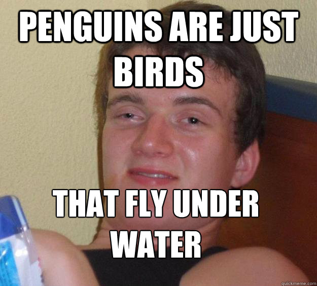 Penguins are just birds that fly under water
  10 Guy