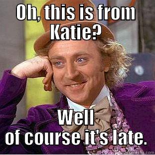 OH, THIS IS FROM KATIE? WELL OF COURSE IT'S LATE. Condescending Wonka