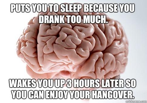 Puts you to sleep because you drank too much. Wakes you up 3 hours later so you can enjoy your hangover. - Puts you to sleep because you drank too much. Wakes you up 3 hours later so you can enjoy your hangover.  Scumbag Brain