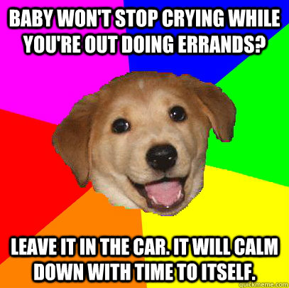 Baby won't stop crying while you're out doing errands? Leave it in the car. It will calm down with time to itself.  Advice Dog