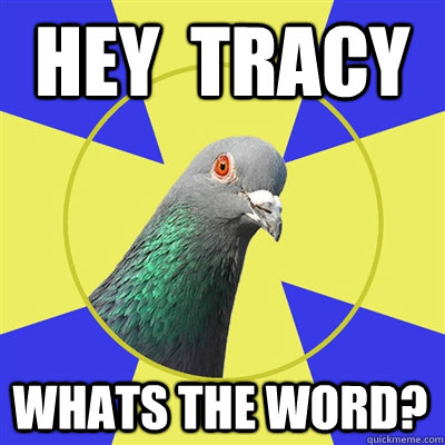 Hey  Tracy Whats the word?  Religion Pigeon