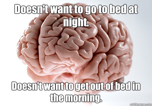 Doesn't want to go to bed at night. Doesn't want to get out of bed in the morning.   Scumbag Brain