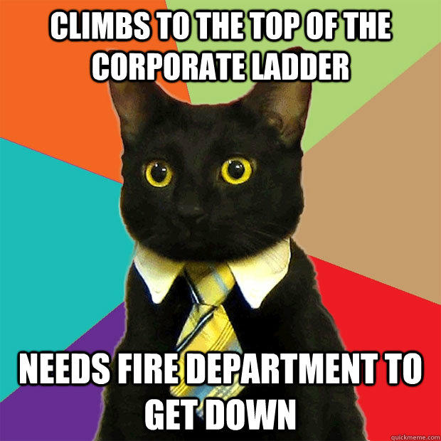 Climbs to the top of the corporate ladder Needs fire department to get down  