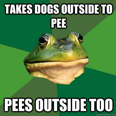 takes dogs outside to pee pees outside too  Foul Bachelor Frog