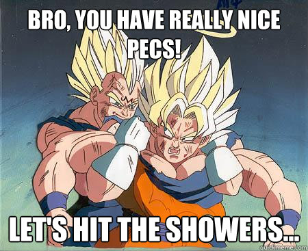 Bro, you have really nice pecs! let's hit the showers...  Gay Vegeta