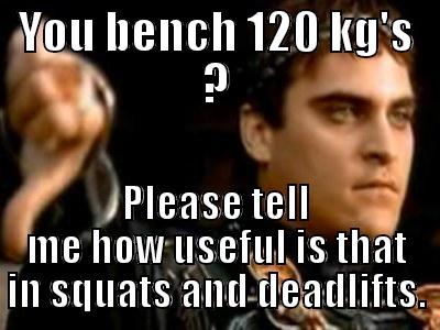 YOU BENCH 120 KG'S ? PLEASE TELL ME HOW USEFUL IS THAT IN SQUATS AND DEADLIFTS. Downvoting Roman