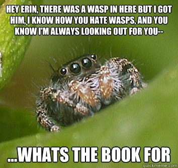 Hey erin, there was a wasp in here but I got him, I know how you hate wasps, and you know I'm always looking out for you-- ...whats the book for  Misunderstood Spider