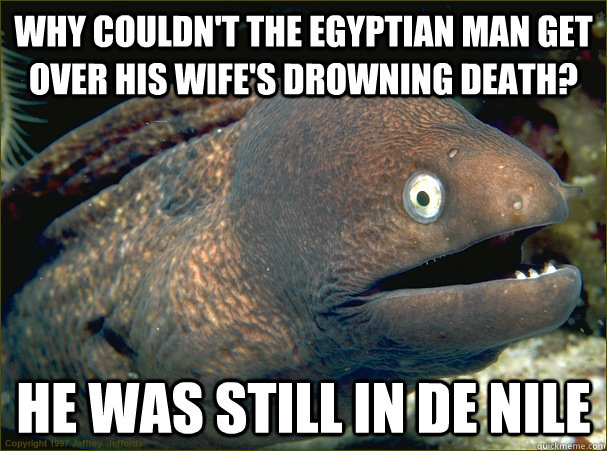 Why couldn't the Egyptian man get over his wife's drowning death? He was still in de Nile  Bad Joke Eel