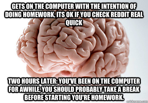 Gets on the computer with the intention of doing homework, its ok if you check reddit real quick Two hours later: You've been on the computer for awhile, you should probably take a break before starting you're homework.  Scumbag Brain