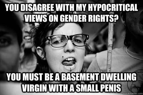 you disagree with my hypocritical views on gender rights? you must be a basement dwelling virgin with a small penis  Hypocrite Feminist