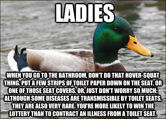 ladies when you go to the bathroom, don't do that hover-squat thing. put a few strips of toilet paper down on the seat, or one of those seat covers. or, just don't worry so much; although some diseases are transmissible by toilet seats, they are also very - ladies when you go to the bathroom, don't do that hover-squat thing. put a few strips of toilet paper down on the seat, or one of those seat covers. or, just don't worry so much; although some diseases are transmissible by toilet seats, they are also very  Actual Advice Mallard