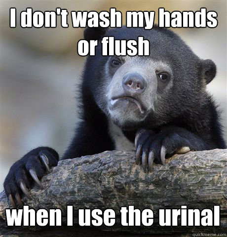 I don't wash my hands or flush  when I use the urinal  Confession Bear