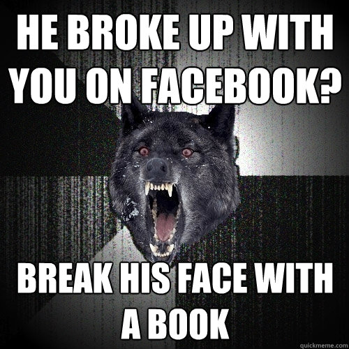 he broke up with you on facebook? break his face with a book  Insanity Wolf