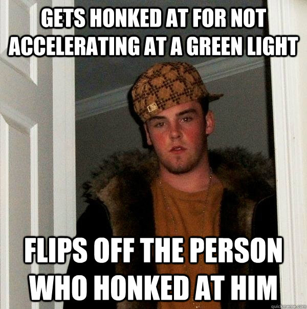 Gets honked at for not accelerating at a green light flips off the person who honked at him  Scumbag Steve