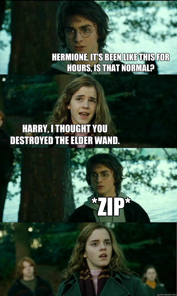 Hermione, it's been like this for hours, is that normal? Harry, I thought you destroyed the Elder Wand. *zip*  Horny Harry