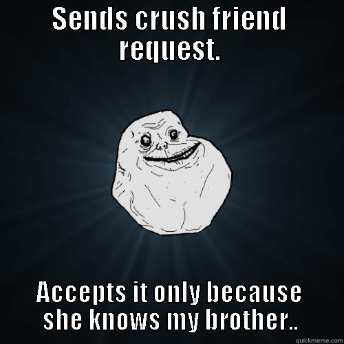 SENDS CRUSH FRIEND REQUEST. ACCEPTS IT ONLY BECAUSE SHE KNOWS MY BROTHER.. Forever Alone