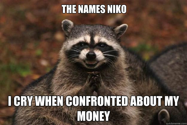 The names niko I cry when confronted about my money  Evil Plotting Raccoon