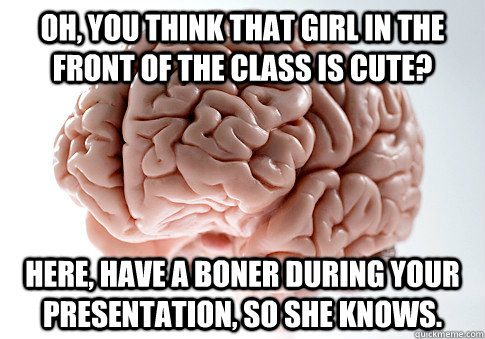 Oh, you think that girl in the front of the class is cute? here, have a boner during your presentation, so she knows.  Scumbag Brain