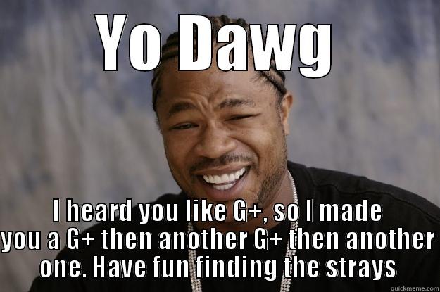 g+  - YO DAWG I HEARD YOU LIKE G+, SO I MADE YOU A G+ THEN ANOTHER G+ THEN ANOTHER ONE. HAVE FUN FINDING THE STRAYS Xzibit meme