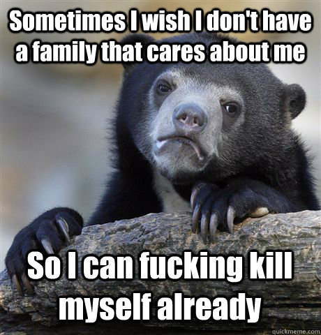 Sometimes I wish I don't have a family that cares about me So I can fucking kill myself already  Confession Bear