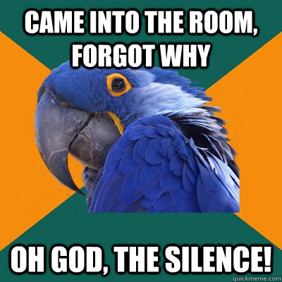 Came into the room, forgot why Oh God, the Silence!  Paranoid Parrot