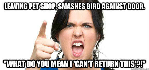 Leaving pet shop, smashes bird against door.   