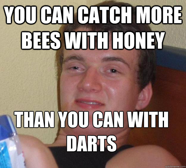 you can catch more bees with honey than you can with darts
  10 Guy