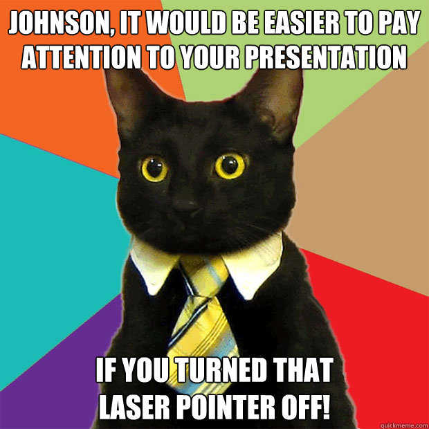 Johnson, it would be easier to pay attention to your presentation if you turned that
laser pointer off!  Business Cat