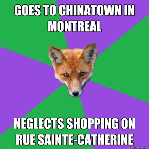 Goes to chinatown in Montreal Neglects shopping on rue sainte-catherine  Anthropology Major Fox