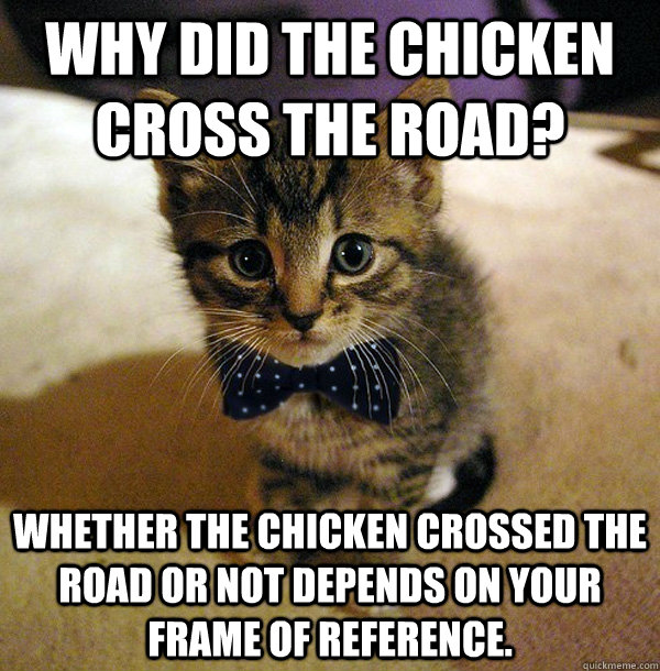 Why did the chicken cross the road? Whether the chicken crossed the road or not depends on your frame of reference. - Why did the chicken cross the road? Whether the chicken crossed the road or not depends on your frame of reference.  Physics Kitten