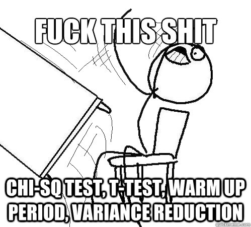 FUCK THIS SHIT chi-sq test, t-test, warm up period, Variance reduction  Flip A Table