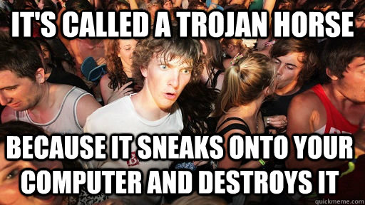 It's called a Trojan Horse Because it sneaks onto your computer and destroys it  Sudden Clarity Clarence