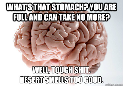 What's that stomach? You are full and can take no more? Well, tough shit.
Desert smells too good.   Scumbag Brain