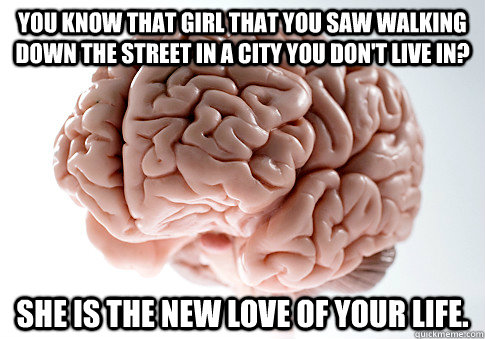 You know that girl that you saw walking down the street in a city you don't live in? she is the new love of your life.  Scumbag Brain