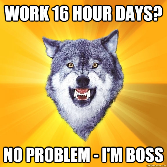 work 16 hour days? no problem - i'm boss  Courage Wolf