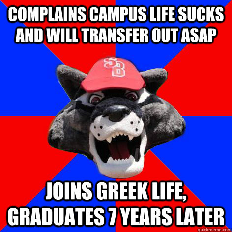 complains campus life sucks and will transfer out asap joins greek life, graduates 7 years later  