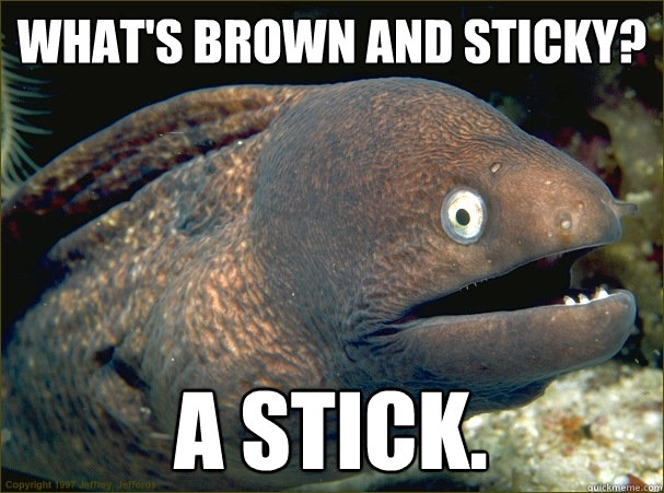 What's brown and sticky? A stick.   Bad Joke Eel