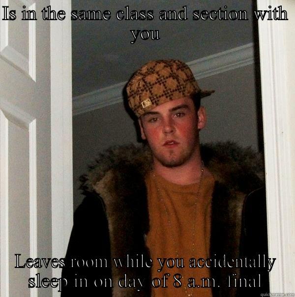 Scumbag roommate - IS IN THE SAME CLASS AND SECTION WITH YOU LEAVES ROOM WHILE YOU ACCIDENTALLY SLEEP IN ON DAY OF 8 A.M. FINAL Scumbag Steve