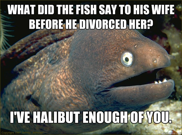 What did the fish say to his wife before he divorced her? I've halibut enough of you.  Bad Joke Eel