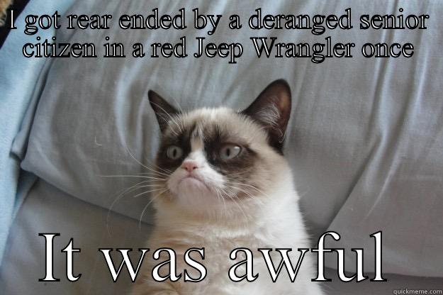 I GOT REAR ENDED BY A DERANGED SENIOR CITIZEN IN A RED JEEP WRANGLER ONCE IT WAS AWFUL Grumpy Cat