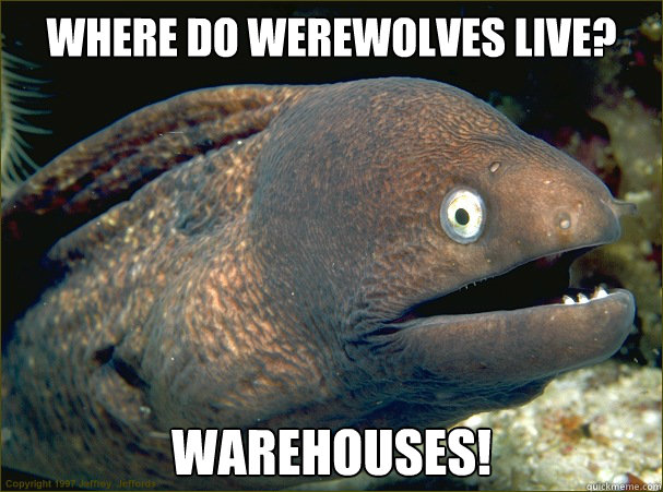 Where do werewolves live? Warehouses!  Bad Joke Eel