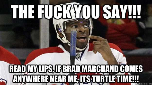 the fuck you say!!! read my lips, if brad marchand comes anywhere near me, its turtle time!!!  